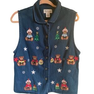 Vintage Westbound Blue Denim Christmas Bear Whimsical Festiive Granny Vest Sz M